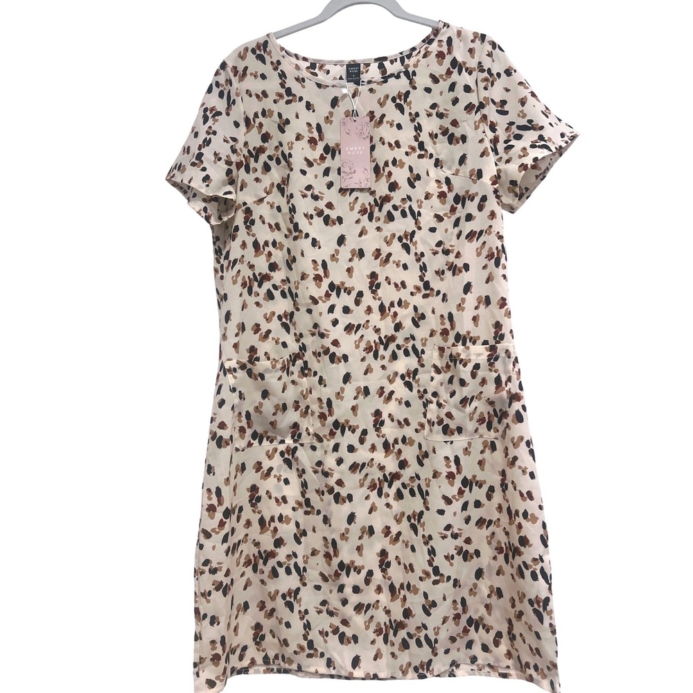 Emery Rose Womens Abstract Animal Print Pocket Shift Dress Cream Brown‎ Black L